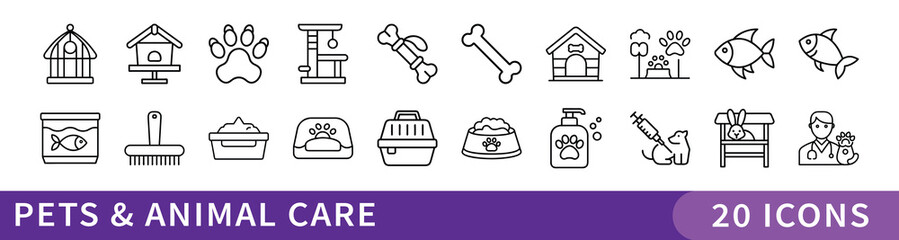 Pets and Animal Care Minimal Icon Set, A clean set of 20 minimalist icons representing pets, supplies, and animal care—ideal for pet stores, vets, and grooming services.
