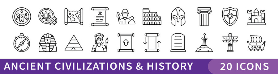 Ancient Civilizations and Historical Icon Set, Set of 20 minimalist icons depicting ancient cultures, artifacts, and historical monuments for educational, cultural, or heritage-themed projects.
