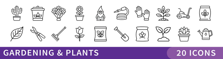 Gardening and Plant Care Icon Collection, Set of 20 minimalist icons illustrating gardening tools, plants, and outdoor care for use in eco, hobby, or nature-themed projects.
