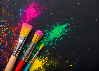 Fototapeta premium Creative composition with splattered neon paints and brushes