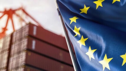 European Union flag waving outside a large structure, suitable for use in political or international themes - Powered by Adobe