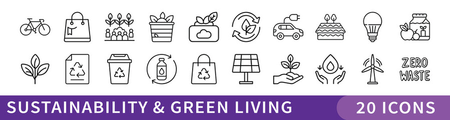 Sustainability and Green Living Line Icon Set, Set of 20 thin line icons featuring eco-friendly practices, renewable energy, recycling, and zero waste lifestyle elements for sustainability-focused des