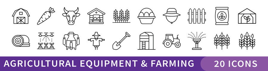 Agricultural Equipment and Farming Line Icon Set, Set of 20 thin line icons representing farming tools, crops, livestock, barns, and agricultural machinery—ideal for rural, farming, and agribusiness p