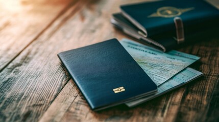 Passport and boarding pass on a wooden table, soft lighting, generative ai