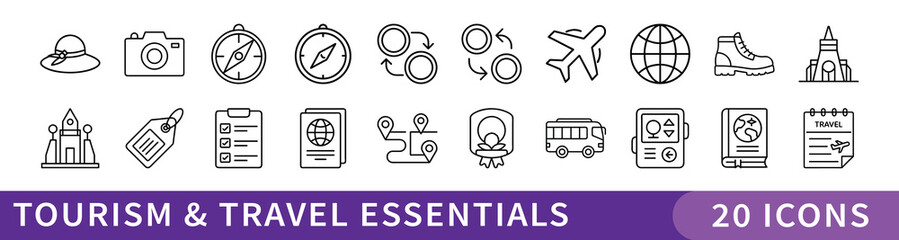 Tourism and Travel Essentials Line Icon Set, Set of 20 thin line icons representing travel gear, transportation, documents, landmarks, and essentials for tourism, vacations, and global adventures.
