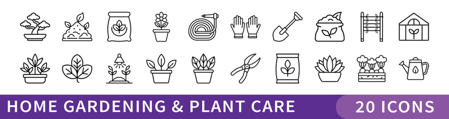Home Gardening and Plant Care Line Icon Set, Set of 20 thin line icons featuring gardening tools, potted plants, seeds, and plant care essentials for home garden and horticulture projects.
