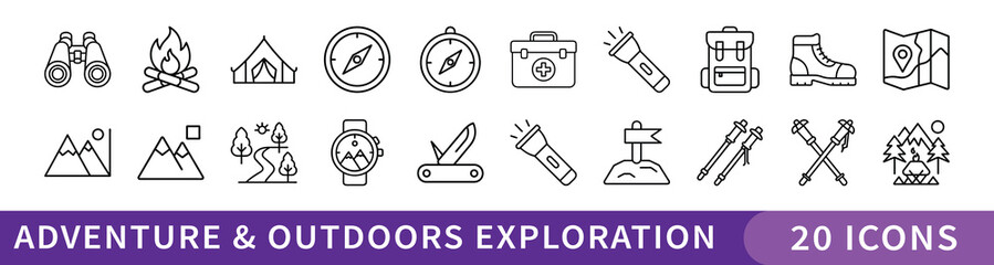 Adventure and Outdoor Exploration Line Icon Set, Collection of 20 thin line icons representing hiking, camping, navigation tools, and outdoor gear, perfect for travel and wilderness adventure themes.
