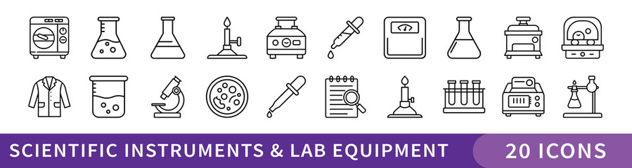 Scientific Instruments and Lab Equipment Icon Set, Set of 20 thin line icons depicting laboratory tools, scientific instruments, and chemistry equipment, ideal for research, education, and science vis