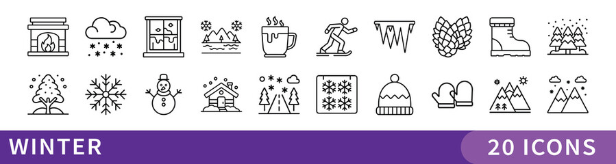 Winter Season Line Icon Set Collection, Set of 20 thin line icons illustrating winter themes like snow, holidays, clothing, and activities—perfect for seasonal and festive projects.

