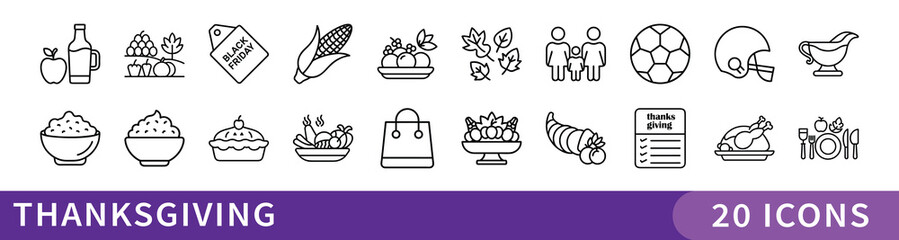 Thanksgiving Holiday Line Icons Collection, Set of 20 thin line Thanksgiving icons including food, autumn symbols, and family gatherings, ideal for seasonal and festive designs.

