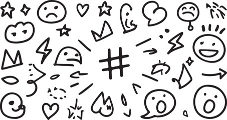 Doodle icons expressive faces stars hearts arrows vector