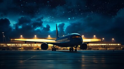 Airport exterior at night with plane boarding, generative ai