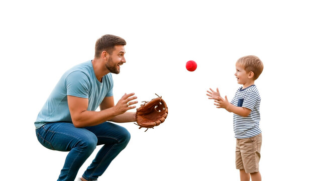 A dad and his young son are playing catch outside, bonding during some quality time while a red ball floats between them. - Powered by Adobe