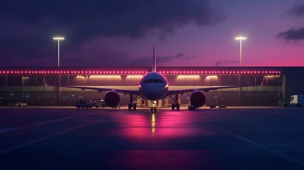 Airport exterior at night with plane boarding, generative ai