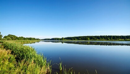 Calm lake reflecting a clear sky