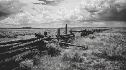 A monochrome landscape of a weathered fence