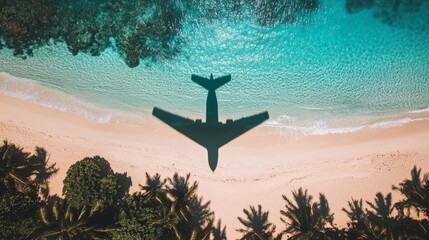 Overhead shot of tropical beach with airplane shadow passing over the water generative ai
