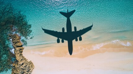 Overhead shot of tropical beach with airplane shadow passing over the water generative ai