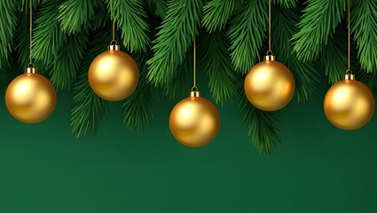 Golden Christmas Ornaments Hanging from Pine Branches