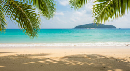 Sandy beach scene framed by palm fronds, turquoise ocean in background, showcasing free space for text or advertisement, evokes summer vacation feelings