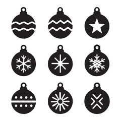 Black Christmas Ornament Icon Set – Minimalist Holiday Bauble Clipart with Snowflakes, Stars & Patterns