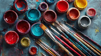 Vibrant artistry: Top-down view of colorful paint pots and brushes showcasing creative expression and artistic inspiration on textured blue surface.