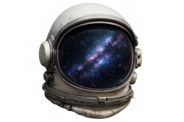 Astronaut helmet visor reflecting colorful galaxy, transparent background highlighting cosmic exploration theme