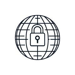 Globe with central padlock symbol in bold abstract line style, front view conceptual SVG icon for internet safety, global cybersecurity or privacy topics on transparent background.