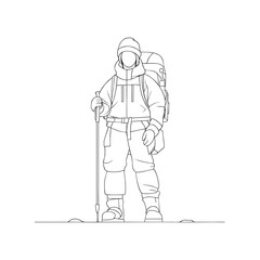 Mountain glacier explorer in full hiking gear front view, dressed for cold expedition with walking stick and backpack, minimalist outline vector for travel, winter sport or survival content on transpa
