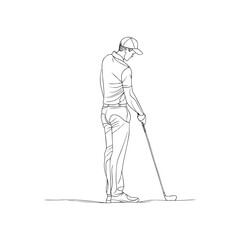 Side view minimalist sketch of male golfer in cap preparing to swing, one-line vector outline for sports branding, golf course promotions or lifestyle design on transparent background.