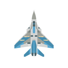 Top-down flat illustration of futuristic military jet plane in blue and gray color palette, simplified shape for aviation, air force, or defense-related infographic visuals on white background