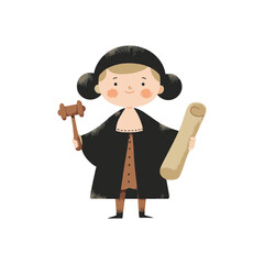 Cartoon judge in simplified flat style holding gavel and scroll, dressed in historical black robe, child character for educational materials, legal profession themes or kids’ illustrations.