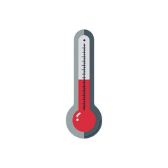 Simplified thermometer flat vector with red mercury, bold modern shape in gray and red palette for weather, temperature, climate change or health visuals on white background.