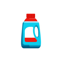 Laundry detergent bottle in bright red and blue color palette, bold simplified flat vector design for cleaning product ads, eco-packaging, household infographic visuals.