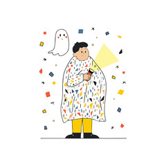 Child in pajamas hiding under blanket with flashlight and ghost, colorful flat cartoon scene with geometric confetti for Halloween, bedtime storytelling or children’s fear concept visuals.