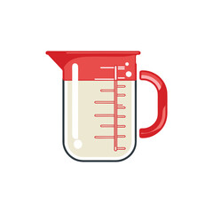Flat illustration of transparent red and beige measuring cup with volume lines, simplified kitchen utensil for cooking blogs, recipe cards, or educational use on transparent background.