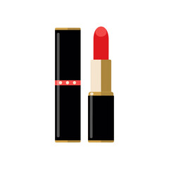 Elegant lipstick with red top and black and gold packaging, simplified flat shape for beauty products, cosmetic branding, or fashion ads on white background.