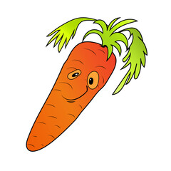 Cute Cartoon Carrot with Smiling Face. Funny Carrot Character Illustration. Playful Carrot Drawing with Expressive Eyes. Cheerful Cartoon Vegetable on White Background