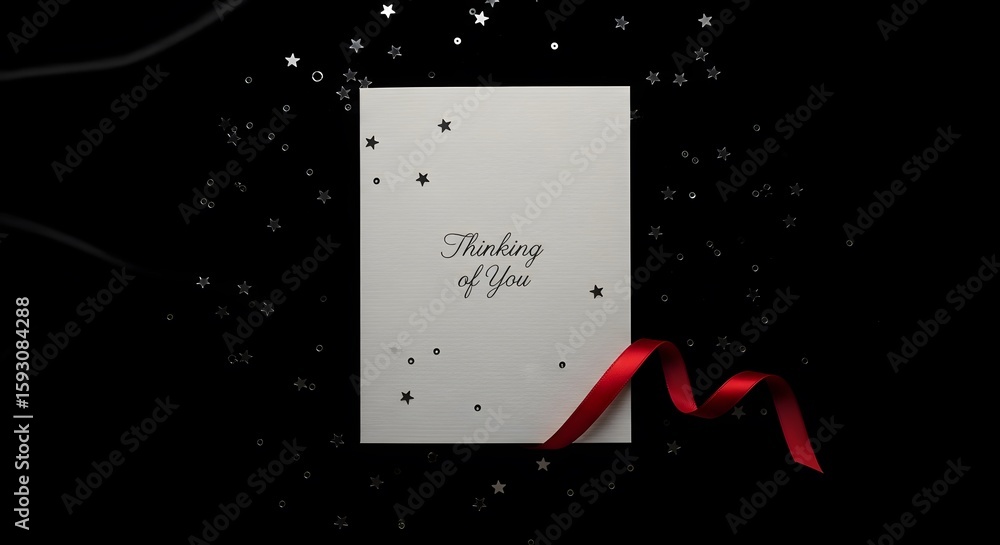 Poster elegant presentation of a white rectangular card adorned with dark specks a vibrant red ribbon again