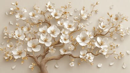 Elegant 3D Wallpaper Design with White Flowers and Golden Tree on Beige Background for Home Interior Wall Decoration
