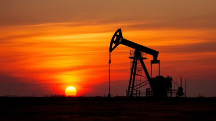 Striking oil pumpjack silhouette at fiery sunset showcasing energy production and environmental impact in a dramatic landscape.