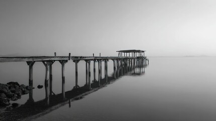 A grayscale view of a weathered pier extending into a calm body of water