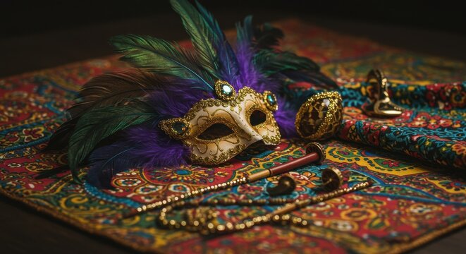 Ornate Carnival Mask and Accessories on a Colorful Patterned Textile