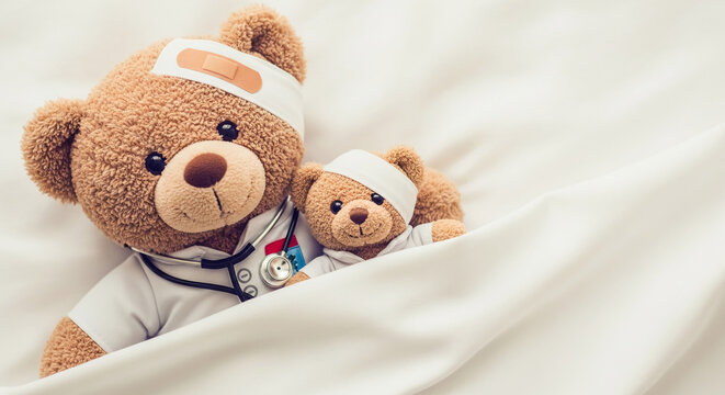 Brown teddy bears in doctor costumes, under white sheet, symbolizing care, comfort, and childhood innocence, perfect for healthcare or children's themes
