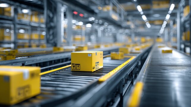 Yellow packages moving along automated conveyor belts within a large distribution warehouse for swift delivery processes.