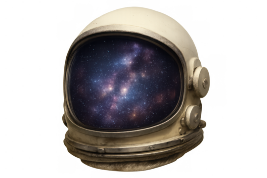 Space helmet visor reflecting colorful nebula, starry cosmos mirroring inside glossy protective surface against transparent backdrop