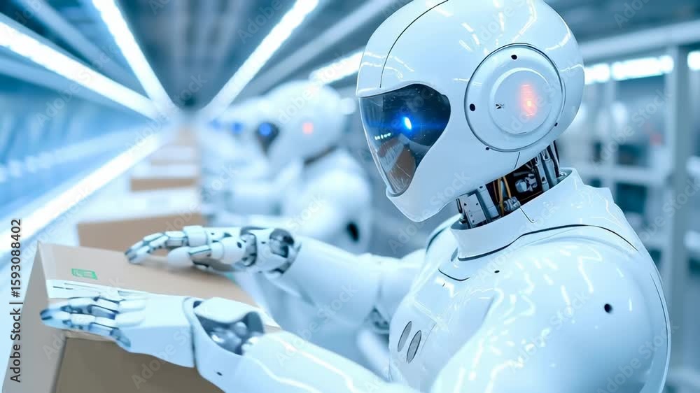 Poster white humanoid robot with blue glowing eye handling cardboard box in futuristic warehouse environmen