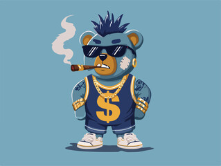 Cool cartoon teddy bear with mohawk, gold chains, cigar, sunglasses, in bold urban street style.