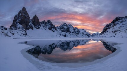 Majestic snow covered mountain peaks reflect vibrant sunset colors in a serene frozen lake creating a breathtaking winter wonderland landscape