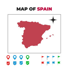 Detailed Vector Map of Spain with Navigation Icons and Location Pins - Geographic Outline, Silhouette, and Territory Highlight for European Travel, Culture, and Historical Projects

